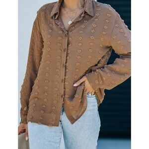 Brown Semi Sheer Swiss Dot Long Sleeve Button Up Boho Poly Collared Blouse Sz XL